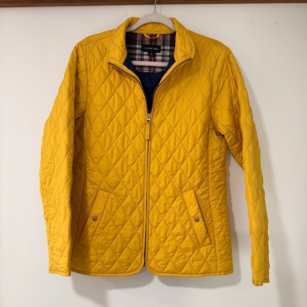 Lands' End Quilted Barn Jacket Women Size S‎ 6-8 Yellow Plaid Lined | Preppy